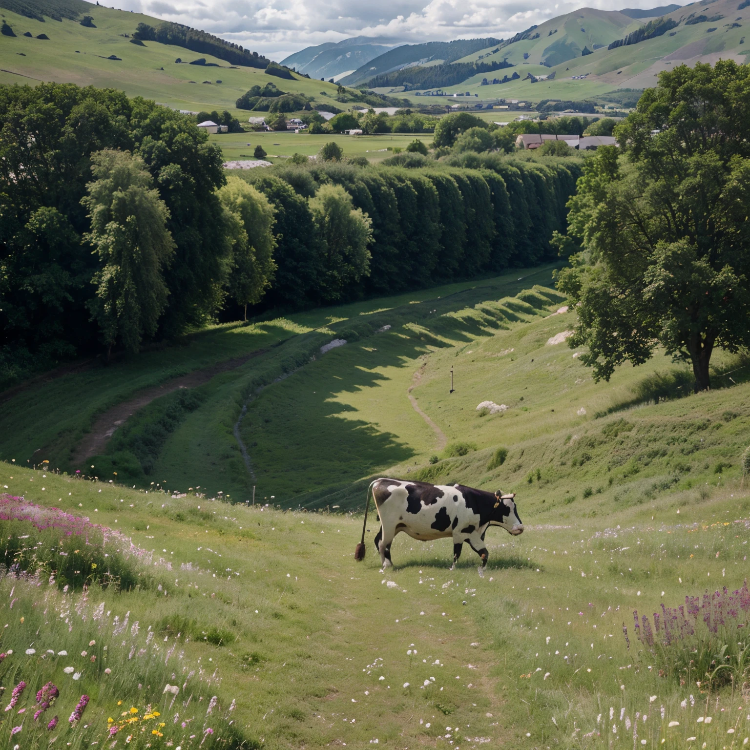 A cow eating grass in grasslands with a large green Street in behind in a valley of flowers with cloudy sky and fresh weather
