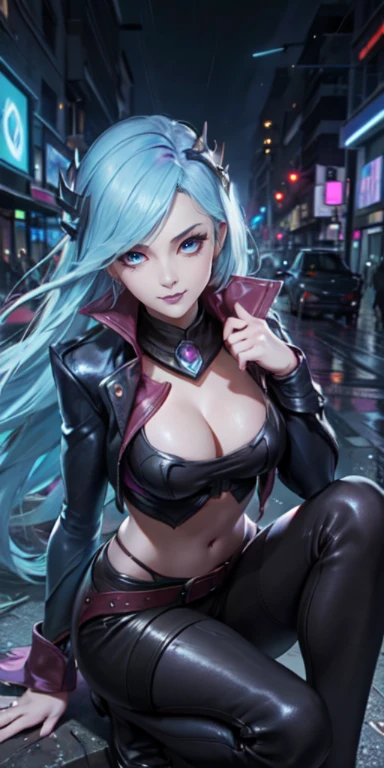 Masterpiece, 8k, detailed face, portrait, 1 girl, ( Death sworn Katarina (league of legends 1.1)) beautiful face, asymmetrical long hair, blue hair, belt, exposed navel, black stockings, blue eyes, open leather jacket, leather mini skirt, cute smirk, posing crouching on the groung, look at viewer, night city, neon, rainy,