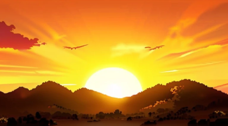 sunset on mountains,An airplane flying in the sky, Watching the sun set. Japanese cartoon, beautiful scence, sunset backdrop, Opening scene, sunrise background, The most beautiful sunset, sun setting in background, Sunny wide angle shot, Sun sunset, sun setting in the background, beautiful sunset, golden hour background, Sunset in the background, sunset lights 8k