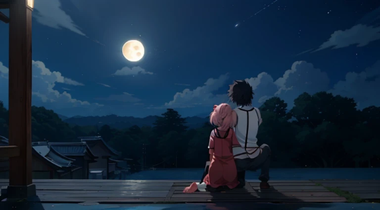 Anime scene of a girl and boy looking at the moon, Today’s recommended anime  still, in front of a full moon, anime movie screenshot, Still from TV animation, yuruyuri, Screenshot of the animated movie, before a moon, the night!, rays of moonlight, the night, kyoto animation still, in front of a pale full moon, Still from anime