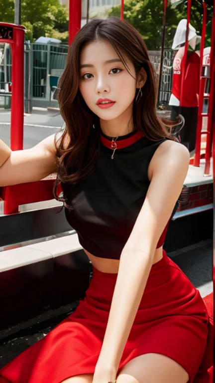 An arafi woman wearing a black dress sitting on a red bench, JINS、Cold shoulder top, korean female fashion model, photo of slim girl model, Gorgeous young Korean woman, 2 4 years old female model