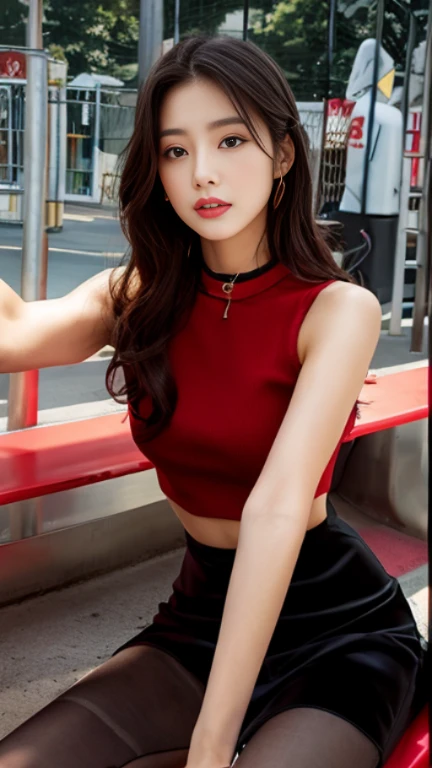 An arafi woman wearing a black dress sitting on a red bench, JINS、Cold shoulder top, korean female fashion model, photo of slim girl model, Gorgeous young Korean woman, 2 4 years old female model