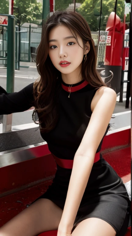 An arafi woman wearing a black dress sitting on a red bench, JINS、Cold shoulder top, korean female fashion model, photo of slim girl model, Gorgeous young Korean woman, 2 female model