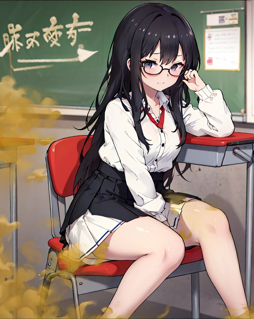 8K，,(( 1 girl in)), Character focus,‎Classroom，eye glass，secretly sitting on a chair，Keep farting