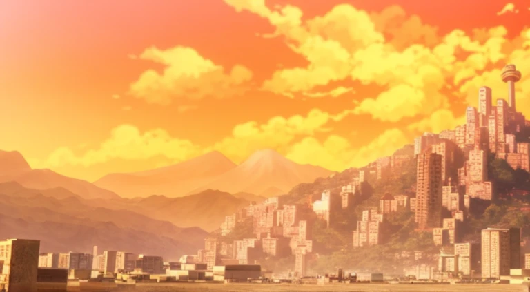 There  a small town in the middle of the mountains，sky yes, attack on titan scenery, anime movie backgrounds, Anime landscapes, beautiful anime scenery, Anime landscapes, beautiful anime scenes, anime backgrounds, Rio de Janeiro in an animated film, Colorful anime movie background, anime movie screenshot, Screenshot of the animated movie, 《Kola Legend》Set, mount olympus