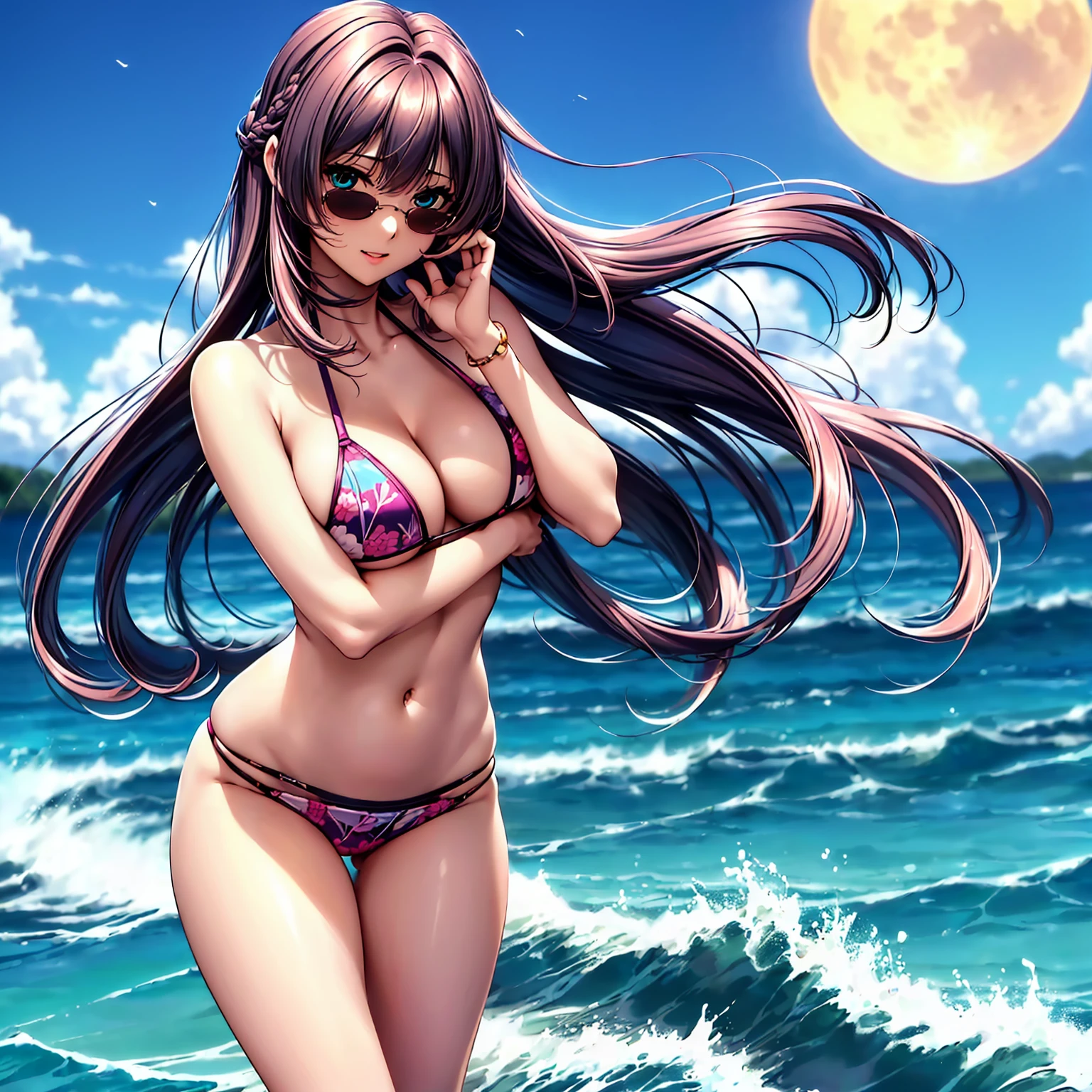 (top quality picture、masterpiece level、very high res、超A high resolution,High quality detailing)、(A 24-year-old beautiful girl with perfect and ultimate beauty..,beautiful breasts and figure,Beautiful body,美丽的面容,Strong-willed eyes:1.5)、(There are many variations of hairstyles,Bangs are neatly arranged,long straight hair on the side,Beautiful hair:1.2),lifelike textures,Beautiful colors,(Wearing a beautiful colored bikini swimsuit,Brightly colored bikini swimsuit,Wear a bikini swimsuit with beautiful colors and patterns,Wear bikini swimsuits with beautiful colors and patterns:1.2),Have a bright smile,line of sight,Mouth opens,(The wind is blowing,Hair flutters under the influence of the wind:1.2),fantastic night sky and moon,Outdoor pool,Night Pool,(The whole body,accurate anatomy、extremely detailed picture、Accurate images、Perfect Image 1.5)、beautiful anime woman, Beautiful Art Style, an animated character、(The whole picture、Detailed picture、Defect-free images、natural soft light、beautiful image),(Best Shot 1.2)