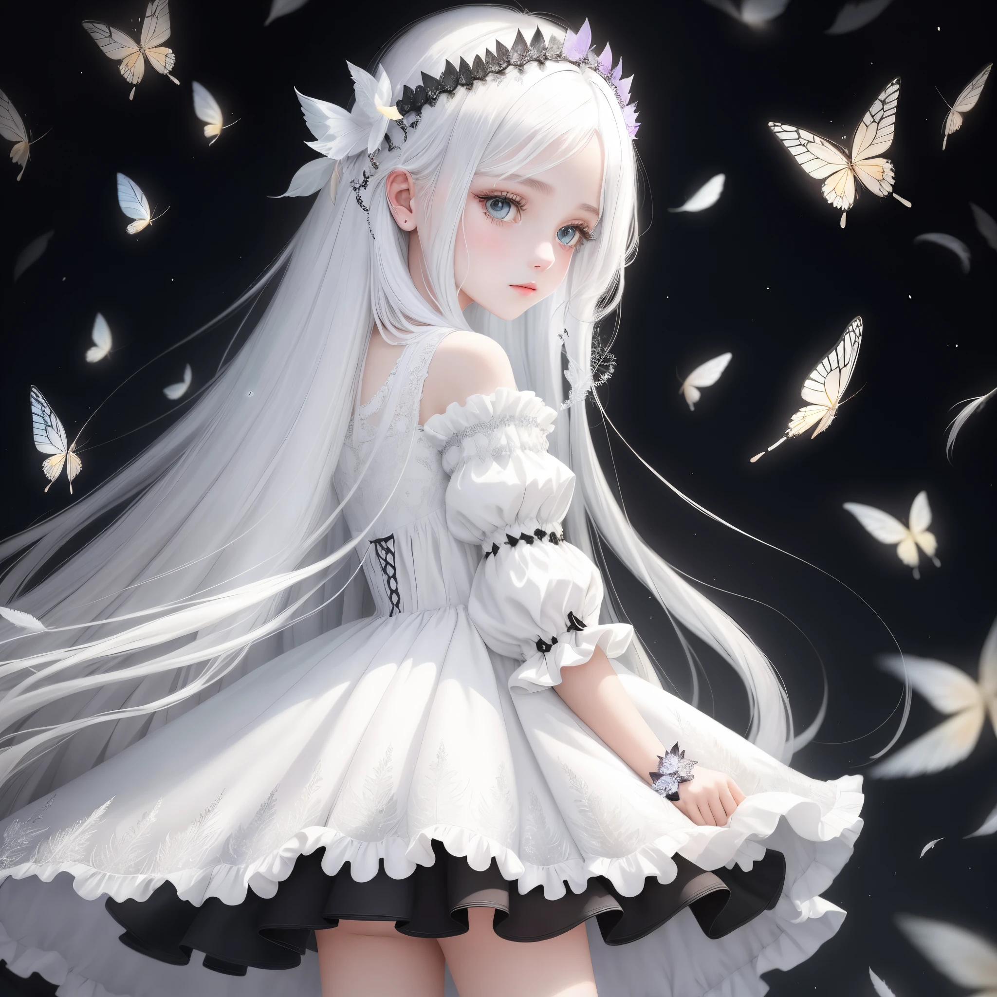 butterflys々Feathers of teens girl Fantasia portraitures long shiny white hair Please change the pose of the girl in the photo above to a moving one. Black dress