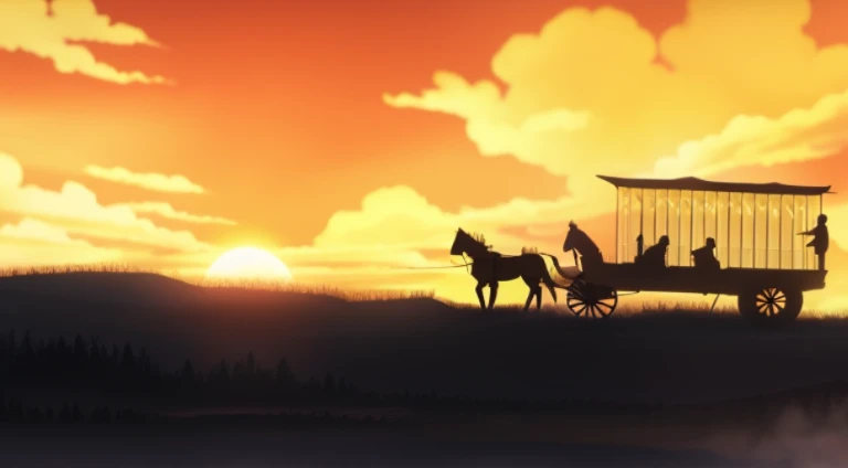 Sunset scene with a carriage，There  a man on it, The most beautiful scene, Western animation, Opening scene, Screenshot of the animated movie, anime movie screenshot, 美丽的构图, anime film still, cutscene clips, beautiful scene opening shot, cinematics, Red Dead Redemption：redemption art style, cinematic sunset, Screenshots from the 2012 animation