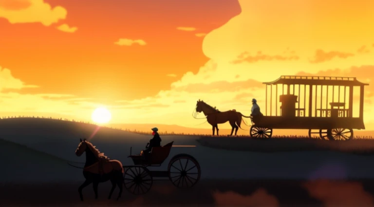 Sunset scene with a carriage,There a man on it, The most beautiful scene, Western animation, Opening scene, Screenshot of the animated movie, anime movie screenshot, 美丽的构图, anime film still, cutscene clips, beautiful scene opening shot, cinematics, Red Dead Redemption:redemption art style, cinematic sunset, Screenshots from the 2012 animation
