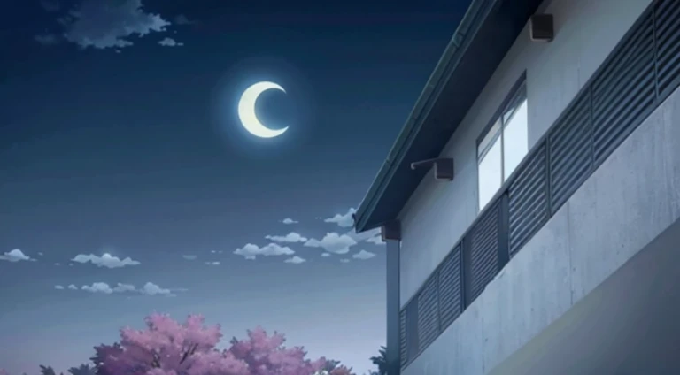 There a tree in front of the building,There's a crescent moon on it, anime scene, beautiful anime scenes, shining crescent moon, 2 0 1 9 animation screenshots, Anime screenshots, Today’s recommended anime still, Screenshots from the 2012 animation, animation still frame, anime backgrounds, Anime screenshots, Kuro anime screenshots, anime movie screenshot