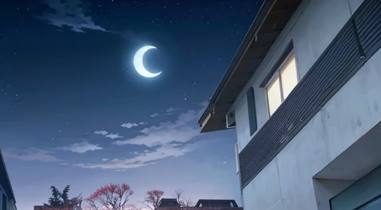 There  a tree in front of the building，There's a crescent moon on it, anime scene, beautiful anime scenes, shining crescent moon, 2 0 1 9 animation screenshots, Anime screenshots, Today’s recommended anime  still, Screenshots from the 2012 animation, animation still frame, anime backgrounds, Anime screenshots, Kuro anime screenshots, anime movie screenshot