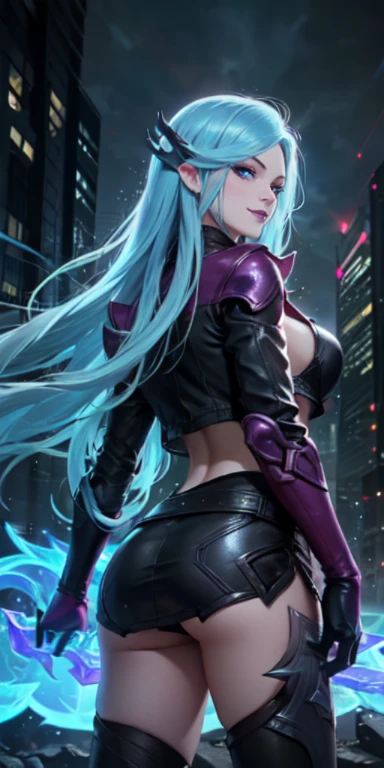 Masterpiece, 8k, detailed face, portrait, 1 girl, ( Death sworn Katarina (league of legends 1.1)) beautiful face, asymmetrical long hair, blue hair, belt, exposed navel, black stockings, very detailed blue eyes, open leather jacket, leather mini skirt, cute smirk, posing back towards camera, looking back at viewer, night city, neon, rainy, full view, cowboy shot,
