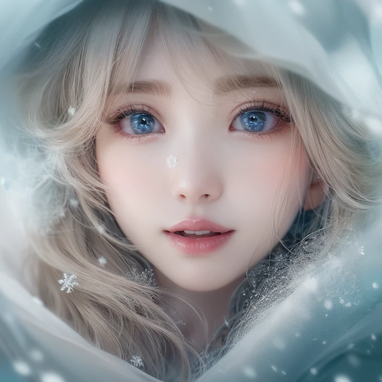 Sakura Miyawaki , Look up and smile、natural make up、Glossy lips、Snow Fairy、Snow Girl、Snow Costume、、(realisitic、hight resolution)、(1 girl in)、Snow Girl、Do-Up Eye、Sakura Miyawaki, girl with、(Best Quality), (masutepiece), (1girl in), Solo, a beauty girl, Perfect face, dreamlikeart、Highly detailed airbrush art((Surreal))、Volumetric lighting、(top-quality)、The ultra-detailliert、(The composition of the movement:1.4)、Highly detailed colorful details with proper lighting)、dynamic compositions、Ray traching、The mirror reflects light、Shallow depth of field、ultra-detailliert、mixing exposure、nffsw、Her eyes are shining、Her face full of anticipation and courage、A smile appears on the lips of a girl。 At the rear、snow mountains、snow mountains、snow mountains、