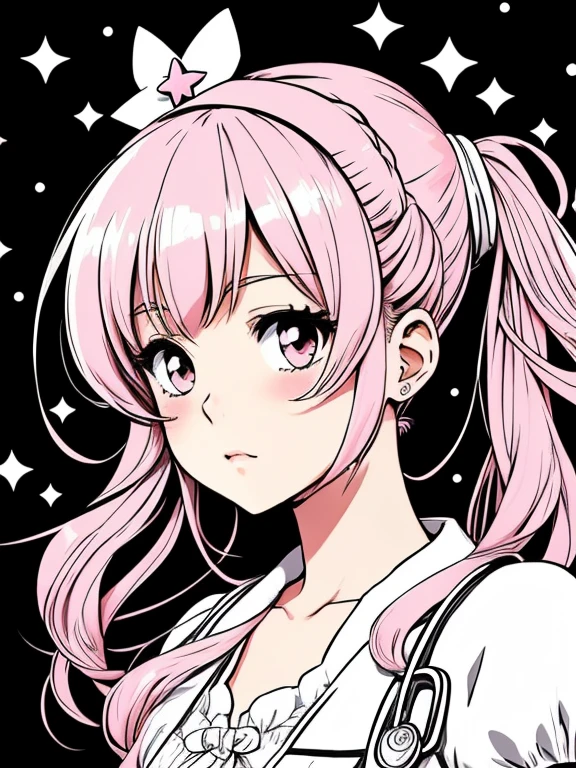 Black and white stick figure 1 girl with medical hospital in background, in dress with nurse accessories, Une fille long cheveux lisse dans le style 90's anime vintage, its fine ink line art, comic style, portrait head to feet, of the anime girl, cute face, big eyes long lashes, kawaii style accessories cute sanrio resin charms, hair accessory, ruffle, star, moon, pastel light yellow light pink colors, illustration in the style of menhera lolin X Twitter, lolita g art by Spin@Mail order from 20:00 on the 19th🌷/2 volumes of works on sale now on X twitter, , beautiful line art, black and white comic style, manga style, manga art style, pencil and ink caricature drawing, black and white coloring, flat colours, detailed, attention to detail, 8k