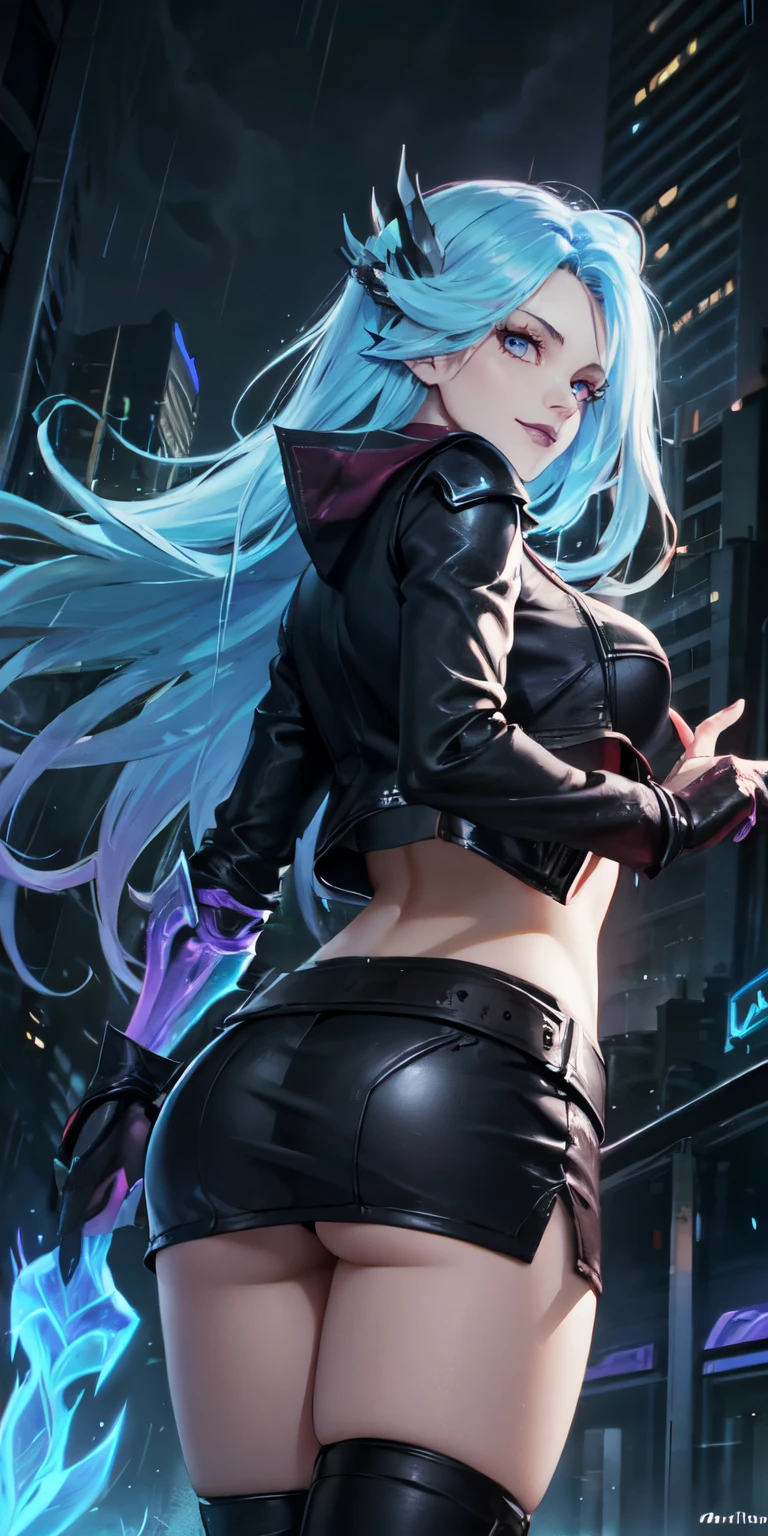 Masterpiece, 8k, detailed face, portrait, 1 girl, ( Death sworn Katarina (league of legends 1.1)) beautiful face, asymmetrical long hair, blue hair, belt, exposed navel, black stockings, blue eyes, open leather jacket, leather mini skirt, cute smirk, posing back towards camera, looking back at viewer, night city, neon, rainy, full view