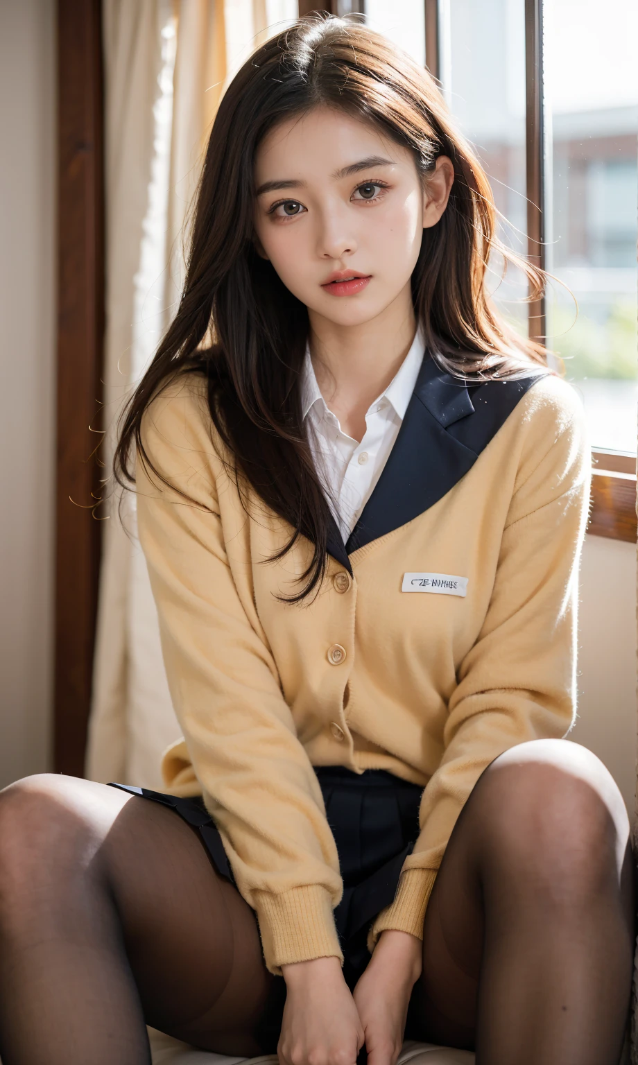 ulzzang-6500-v1.1, (raw photo:1.2), (photorealistic:1.4), beautiful detailed girl, very detailed eyes and face, beautiful detailed eyes, ridiculous, incredibly ridiculous, huge file size, super detailed, high resolution, very detailed, best quality, masterpiece, kemomimi, ((Japanese girls' high school uniform)), illustration, very detailed, CG, unified, 8k wallpaper, amazing, Fine details, masterpiece, best quality, very detailed CG uniform 8k wallpaper, light on face, cinematic lighting, 1girl, , ((no panties)), ((dynamic pose))), (camel toe), (half), (pantyhose), (knee-bending leg sitting))