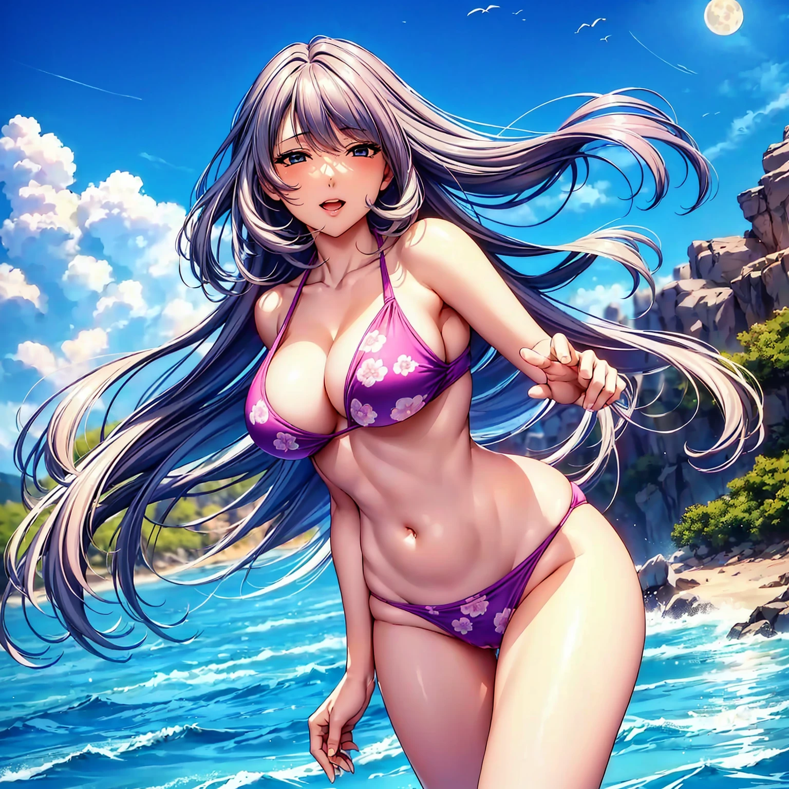 (top quality picture、masterpiece level、very high res、超A high resolution,High quality detailing)、(A 24-year-old beautiful girl with perfect and ultimate beauty..,beautiful breasts and figure,Beautiful body,美丽的面容,Strong-willed eyes:1.5)、(There are many variations of hairstyles,Bangs are neatly arranged,long straight hair on the side,Beautiful hair:1.2),lifelike textures,Beautiful colors,(Wearing a beautiful colored bikini swimsuit,Brightly colored bikini swimsuit,Wear a bikini swimsuit with beautiful colors and patterns,Wear bikini swimsuits with beautiful colors and patterns:1.2),Have a bright smile,line of sight,Mouth opens,(The wind is blowing,Hair flutters under the influence of the wind:1.2),fantastic night sky and moon,Outdoor pool,Night Pool,(The whole body,accurate anatomy、extremely detailed picture、Accurate images、Perfect Image 1.5)、beautiful anime woman, Beautiful Art Style, an animated character、(The whole picture、Detailed picture、Defect-free images、natural soft light、beautiful image),(Best Shot 1.2)