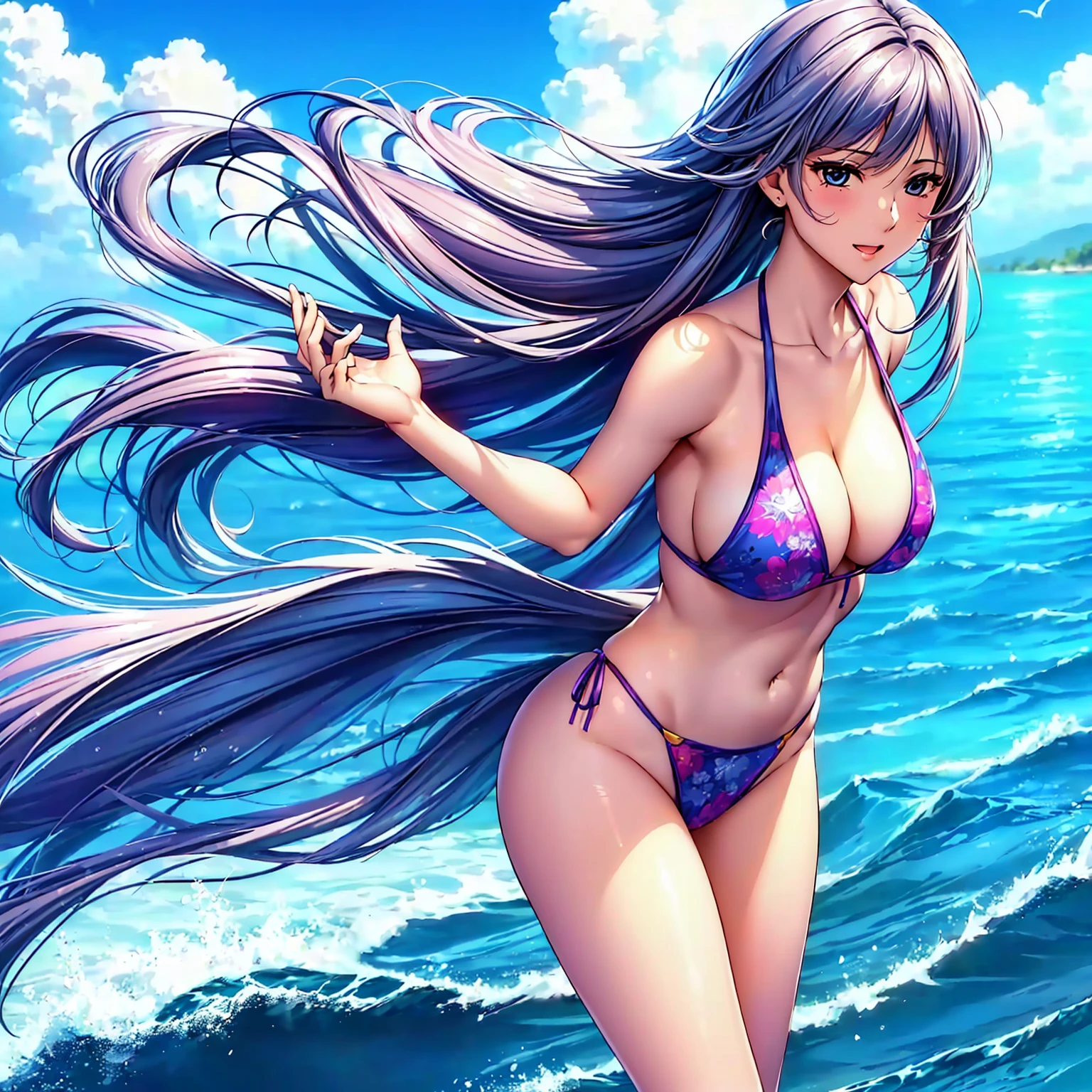 (top quality picture、masterpiece level、very high res、超A high resolution,High quality detailing)、(A 24-year-old beautiful girl with perfect and ultimate beauty..,beautiful breasts and figure,Beautiful body,美丽的面容,Strong-willed eyes:1.5)、(There are many variations of hairstyles,Bangs are neatly arranged,long straight hair on the side,Beautiful hair:1.2),lifelike textures,Beautiful colors,(Wearing a beautiful colored bikini swimsuit,Brightly colored bikini swimsuit,Wear a bikini swimsuit with beautiful colors and patterns,Wear bikini swimsuits with beautiful colors and patterns:1.2),Have a bright smile,line of sight,Mouth opens,(The wind is blowing,Hair flutters under the influence of the wind:1.2),fantastic night sky and moon,Outdoor pool,Night Pool,(The whole body,accurate anatomy、extremely detailed picture、Accurate images、Perfect Image 1.5)、beautiful anime woman, Beautiful Art Style, an animated character、(The whole picture、Detailed picture、Defect-free images、natural soft light、beautiful image),(Best Shot 1.2)