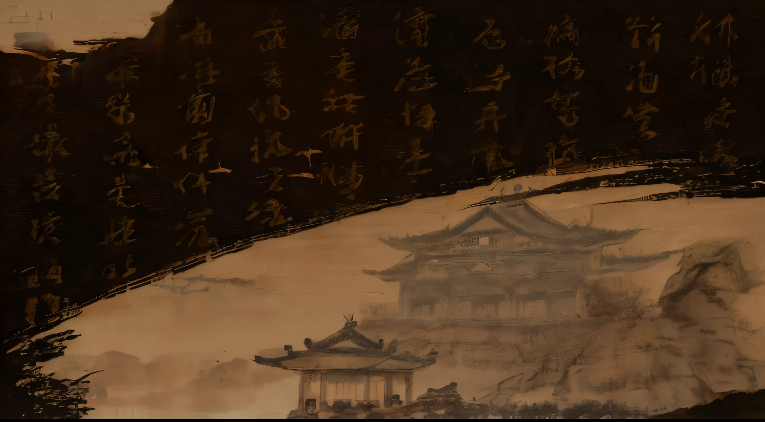 There a painting of a building,There Asian text on it, inspired by Tang Yin, Inspired by Song Huizong, Chinese calligraphy painting, Inspired by Ma Yuan, su fu, Inspired by Huang Binhong, background depicting a temple, Inspired by Wang Jian, z style art work.Show on the. to the, style of to o hua