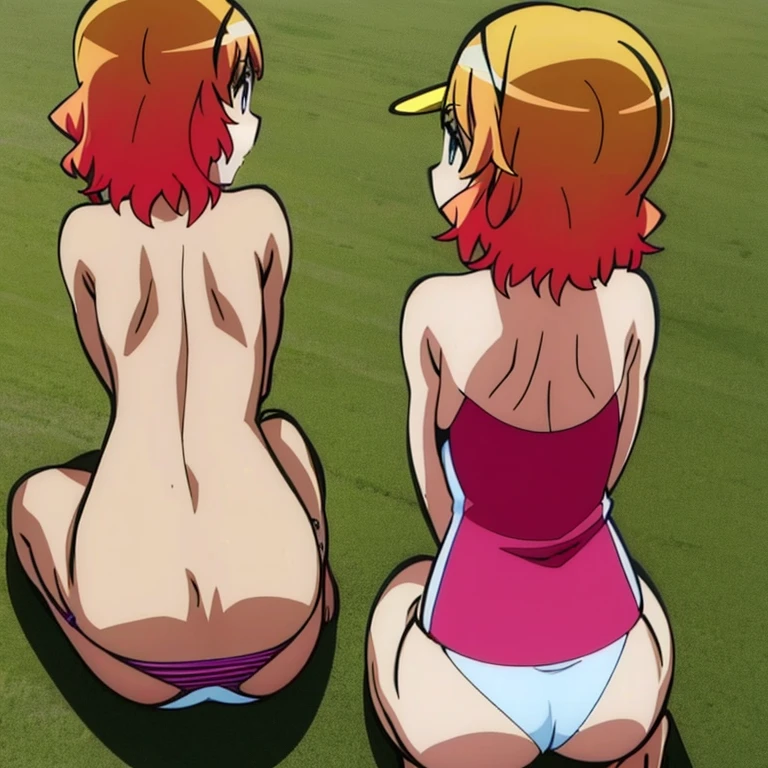 Haruna Kurahashi, Thong swimsuit, Bares buttocks, crouching down, from back view, Beautiful hip line