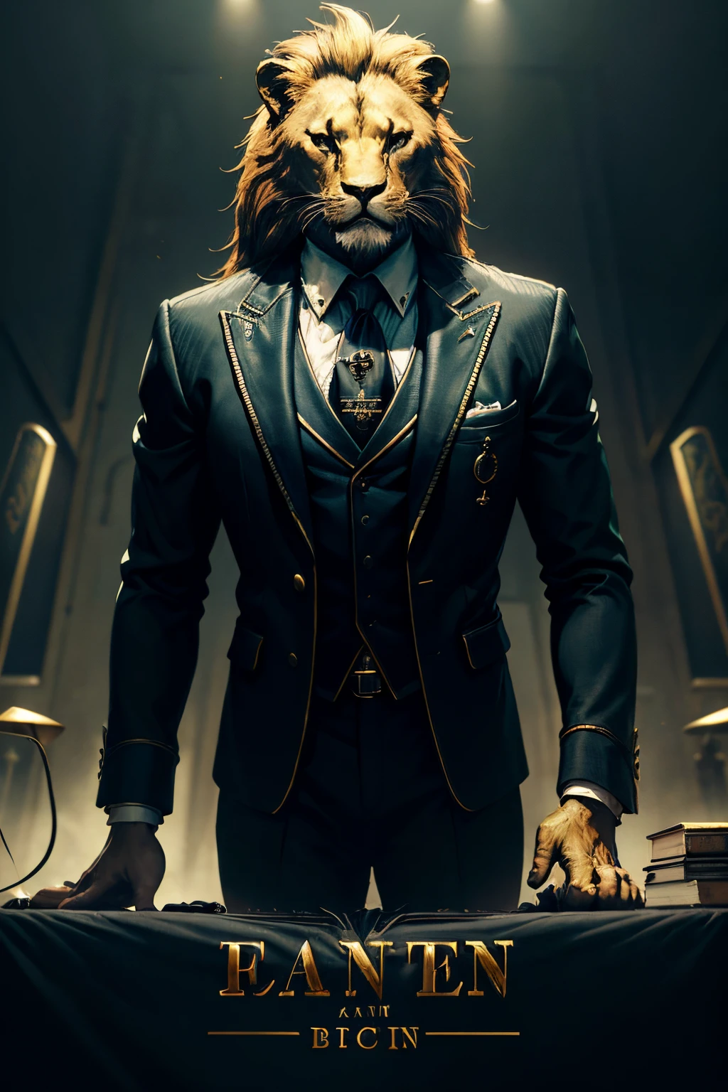 Cadre financier avec une tête de lion , Costume cravate sombre, fond avec des écrans et des graphiques, Bitcoin, rendu cinématographique, beaucoup de details, ambiance futuriste. Ambiance d&#39;affaires, Motivation , argent, Wall Street