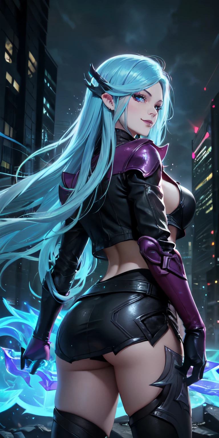Masterpiece, 8k, detailed face, portrait, 1 girl, ( Death sworn Katarina (league of legends 1.1)) beautiful face, asymmetrical long hair, blue hair, belt, exposed navel, black stockings, very detailed blue eyes, open leather jacket, leather mini skirt, cute smirk, posing back towards camera, looking back at viewer, night city, neon, rainy, full view, cowboy shot,