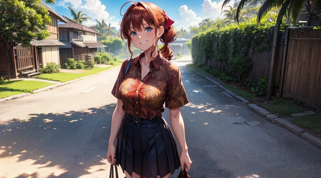 1girl, solo, full body, rural landscape, village, trees, sun, clouds, fantasy, large breasts, button down shirt, ((floral pattern shirt)), ((short sleeved shirt)), ((unbuttoned shirt)), ((wide opened shirt)), ((red bra)), unbuttoning buttons, cleavage 1:3, blue eyes, dark skirt, smile, looking at the viewer, standing, hair ribbon, golden necklate