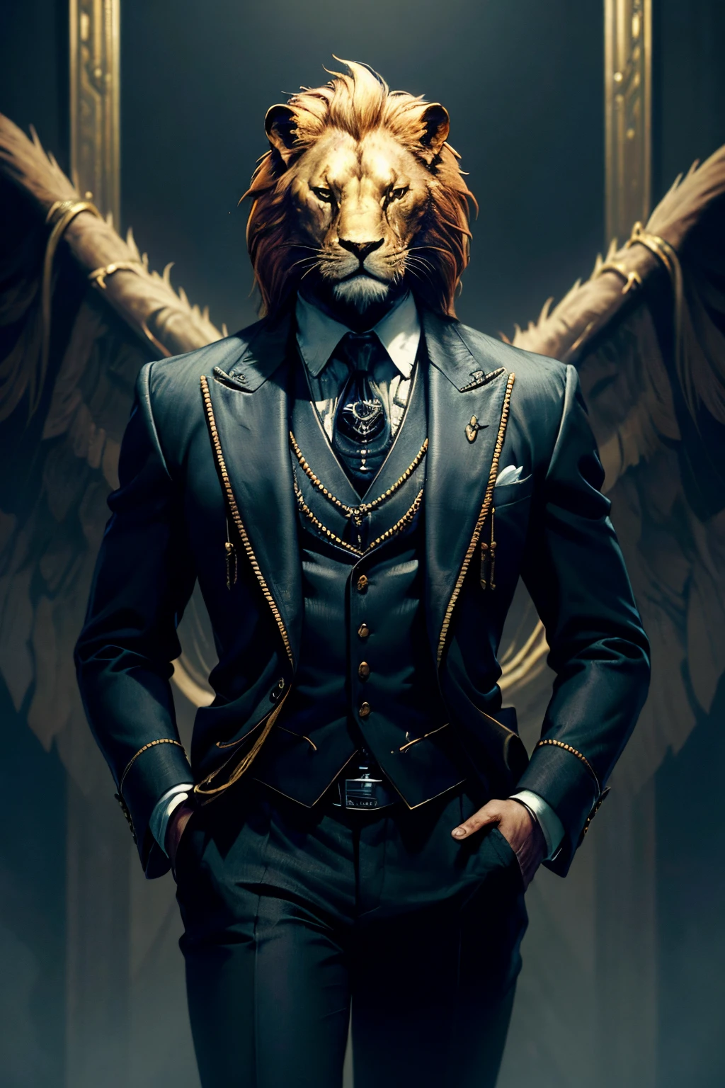 Cadre financier avec une tête de lion , Costume cravate sombre, fond avec des écrans et des graphiques, Bitcoin, rendu cinématographique, beaucoup de details, ambiance futuriste. Ambiance d'affaires, Motivation , argent, Wall Street
