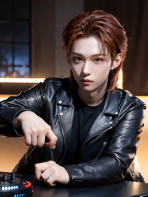 A man in a leather jacket at a DJ table, Lee Felix, Felix dos stray kids kpop, Retrato de Felix Stray kids, prince, jovem, foto de retrato em close-up, (fire), (music), Lee Felix, man, masculine, (piercing sobrancelha), (cabelo com efeito de fogo), atraente, corpo legal, pequeno corpo muscular, majo, (music), (fogo), DJ, man, red hair with fire effect