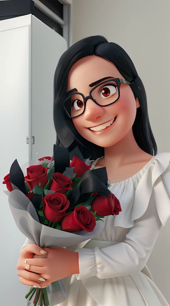 a girl with black hair wearing glasses and smiling, in a white dress, holding a bouquet of red roses