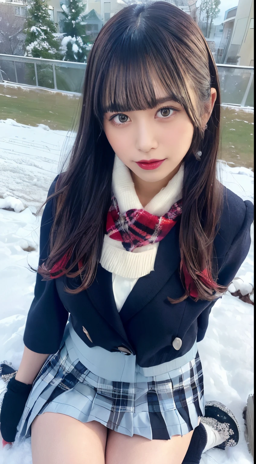 smile, (Portrait ), (upper body), (masterpiece:1.2), best quality, high resolution, detailed eyes, Diamond-Shaped Face, Sharp Chin, black Eyes, medium breasts, extremely detailed face, 1girl, solo, long hair, straight hair, black hair, (blunt bangs:1.3),(red plaid scarf:1.2),(long scarf), white collar shirts, (red ribbon:1),(cardigan:1.1),(dark blue blazer:1.5),(close the front:1.3), (light blue pleats skirt:1.2), plaid skirt, mini skirt, (black over-the-calf socks:1.2), loafers, blush, :D, park, winter, (snow are falling:1.3), (looking at viewer),(snow field:1.2),(lying on snow field:1.3),(from above:1.3)