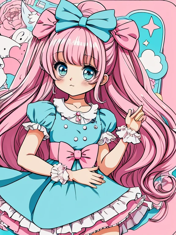 panoramic view, portrait head to feet view, soft pastel colors stick figure 1 girl at medical hospital in background, lolita nurse dress accessories, detailed five fingers on each hand, 2 hands, 2 feet, knee stocking, Une fille long cheveux lisse dans le style 90's anime vintage, its fine ink line art, comic style, of the anime girl, cute face, big eyes long lashes, kawaii style accessories cute sanrio resin charms, hair accessory, ruffle, bow, star, moon, pastel light yellow light pink colors, illustration in the style of menhera lolita on X Twitter, lolita glam, art by Spin@Mail order from 20:00 on the 19th🌷/2 volumes of works on sale now on X twitter, beautiful line art, pastel comic style, manga style, manga art style, pencil and ink caricature drawing, simple palette colors, flat colours, detailed, attention to detail, 8k