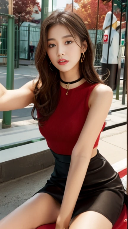 An arafi woman wearing a black dress sitting on a red bench, JINS、Down jacket、 korean female fashion model, photo of slim girl model, Gorgeous young Korean woman, 2 female model
