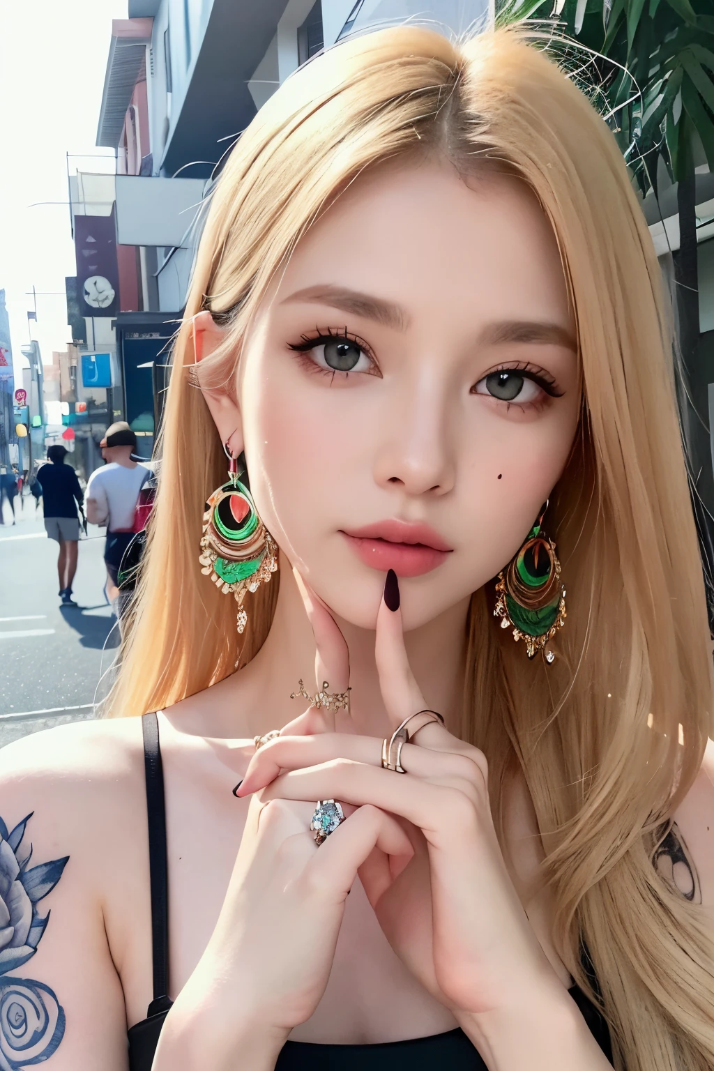 ((Best Quality)), ((4k,8k,16k))((masutepiece))(A detailed face), Perfect face,Perfect style、Beautuful Women、20age、Street Fashion、Cool tattoos、All over the body other than the face、Long、blondehair、Colorful Nails、Pose like a model、Sexy atmosphere、perfect hand、large ring earrings、