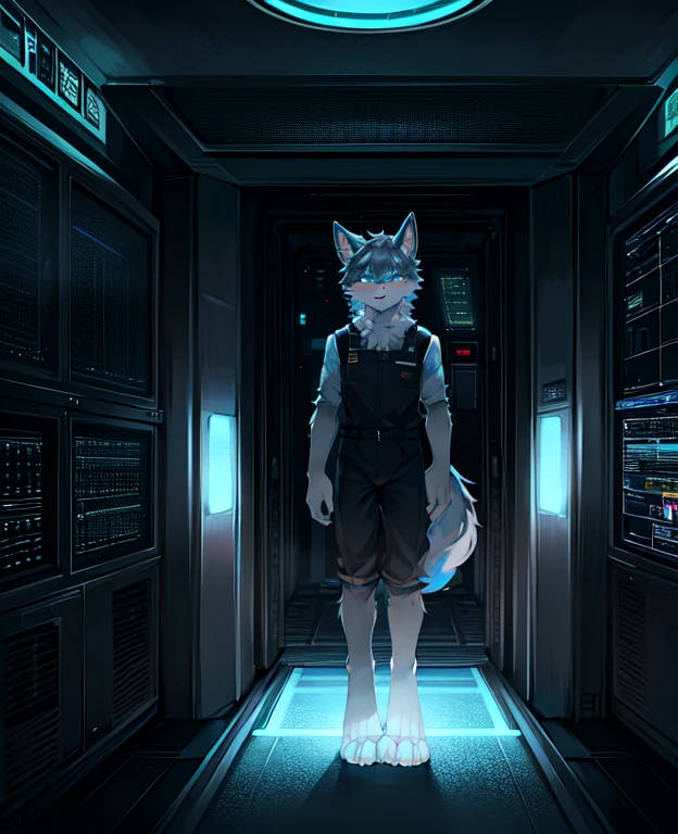 Pupil blue，Overall gray，anthropomorphic wolf，Stand in the control room of the spaceship，face to the viewer，The holographic projection screen  right in front of you，sci-fy