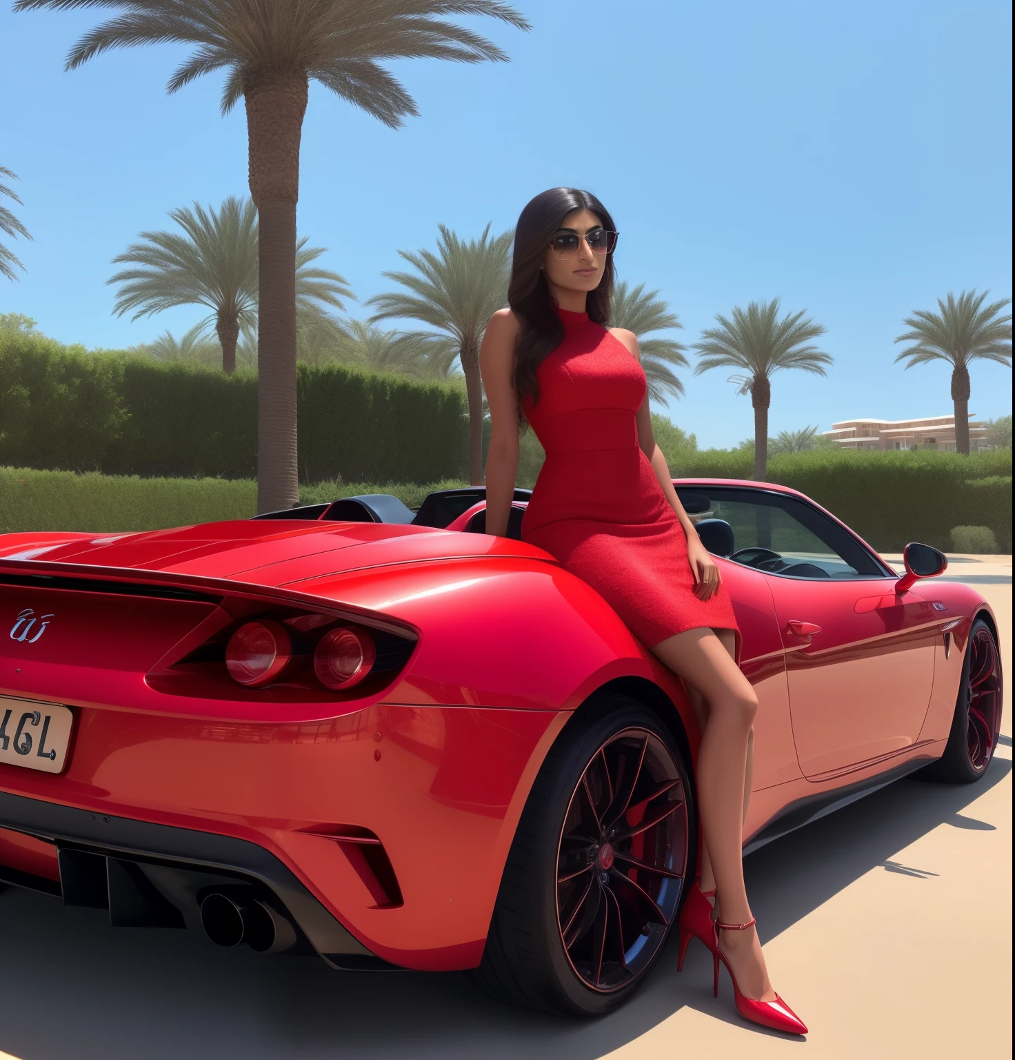 a woman in a red dress sitting on a red sports car , tanned ameera al taweel, luxury lifestyle, wealthy women, 🔥 😎 🕹️ 👀 :2, mia khalifa, profile pic, by Nicholas Marsicano, in the sun, great masterpiece, kimi vera, julia sarda, by Daniel Schultz, by Alexander Brook