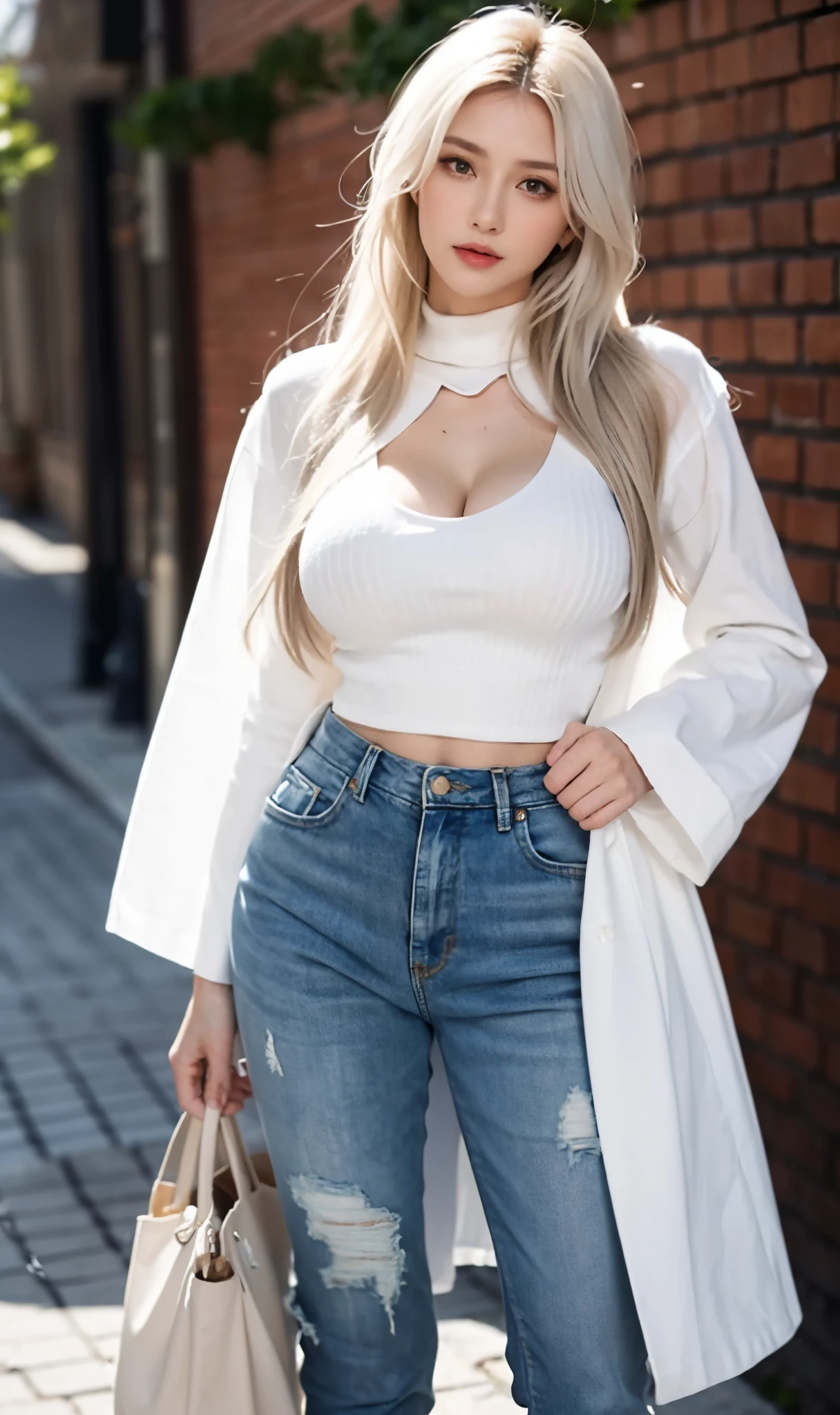 (Beautiful russian woman:1.2) (sexy) (massive boobs) deep (High quality) HD, big boobs, round boobs, deep cleavage, open cleavage, hanging boobs, (tan skin:1.2) (slim abs) (serious face) (white hair:1.2) (long hair) (straight hair:1.3) White skinny jeans paired with a loose white blouse. Add a vibrant handbag.