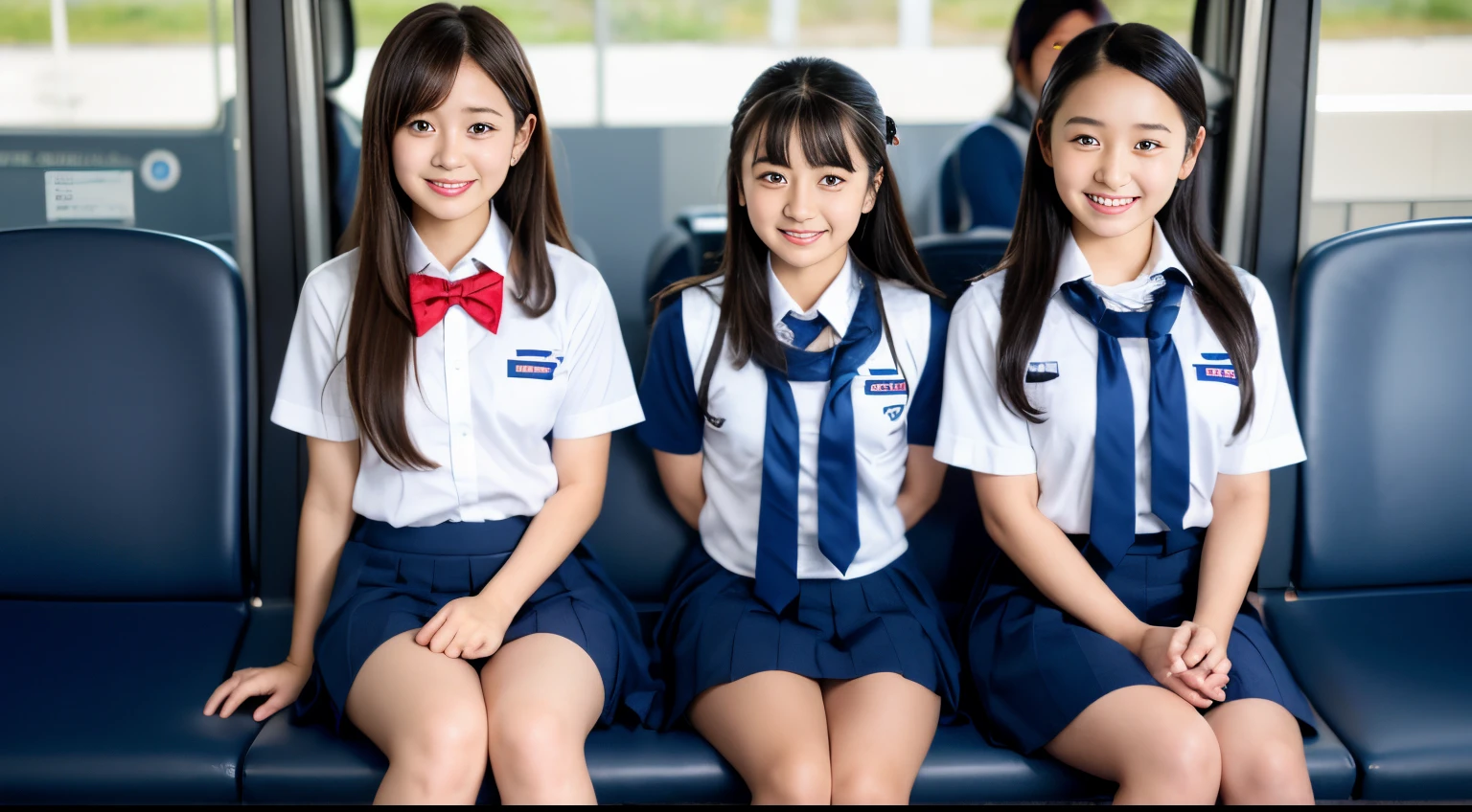 Center view、Arafe asian woman in short skirt and bow tie sitting on train、cute school girl、Japan Girl Uniform、Wearing Japan school uniform、Japan School Uniforms、a hyperrealistic schoolgirl、Dressed as a schoolgirl、a hyperrealistic schoolgirl、Wearing a uniform、Realistic Schoolgirl、Girl in Uniform、Wearing a uniform、Schoolgirl Pose、full body Esbian、Nice skin、glistning skin、lovely thighs、glowing thigh、Shining Rigareg , High School in Japan 、乃木坂アイドル、韓国アイドル