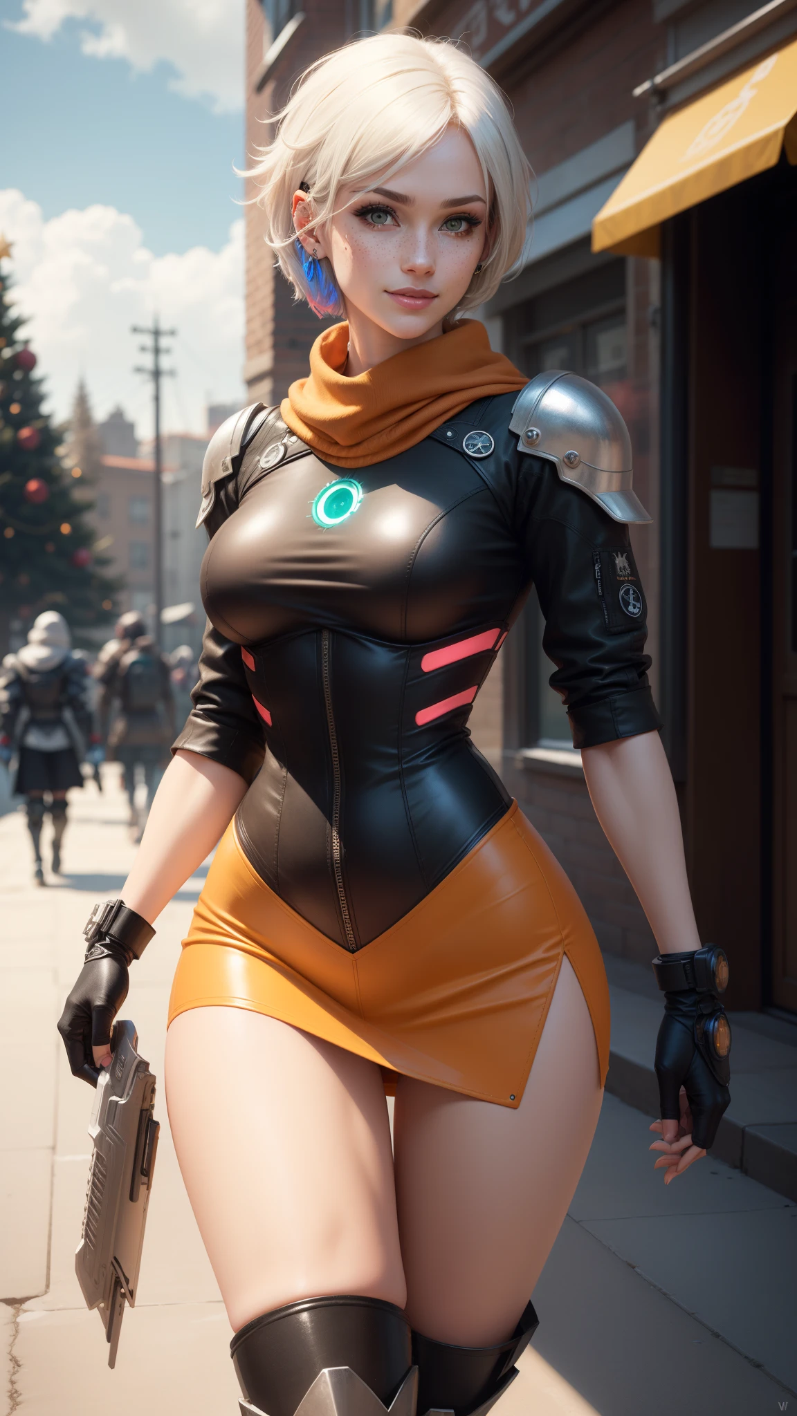 gwen tennyson,yorha 2b,tracer,rebecca chambers,overwatch,nier automata, close up,christmas forest,tattoos,orange plugsuit,short sleeve pilot top,short sleeve cyborg pilot jacket,white and orange lycra tight skirt,mech pilot leather corset,short hair,punk makeup,green eyes,multicolored silver hair,sexy smile,freckles,beautiful girl,thigh high boots,large breasts,8k,ultra detailed,realistic,fantasy art,steel armor,cyborg armor,mech armor,military pilot uniform,winter scarf,hair pin,ear piercings,christmas tree,punk hand and neck jewelry,walking,(weather:wind blowing),arc reactor,