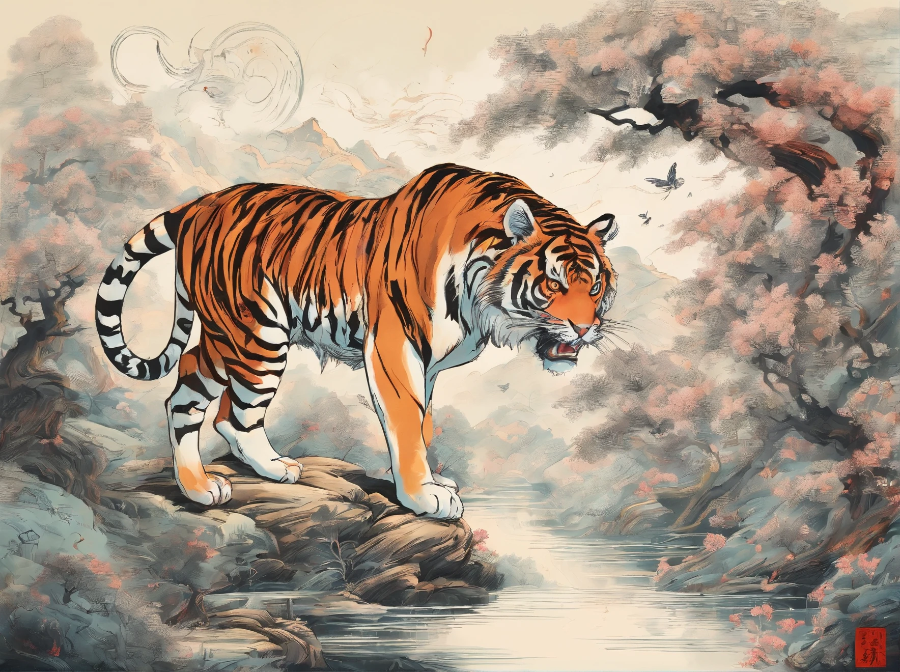 Traditional chinese painting,artistic conception,Oyuki,Tiger walking on the ssen,8K分辨率,Super meticulous
