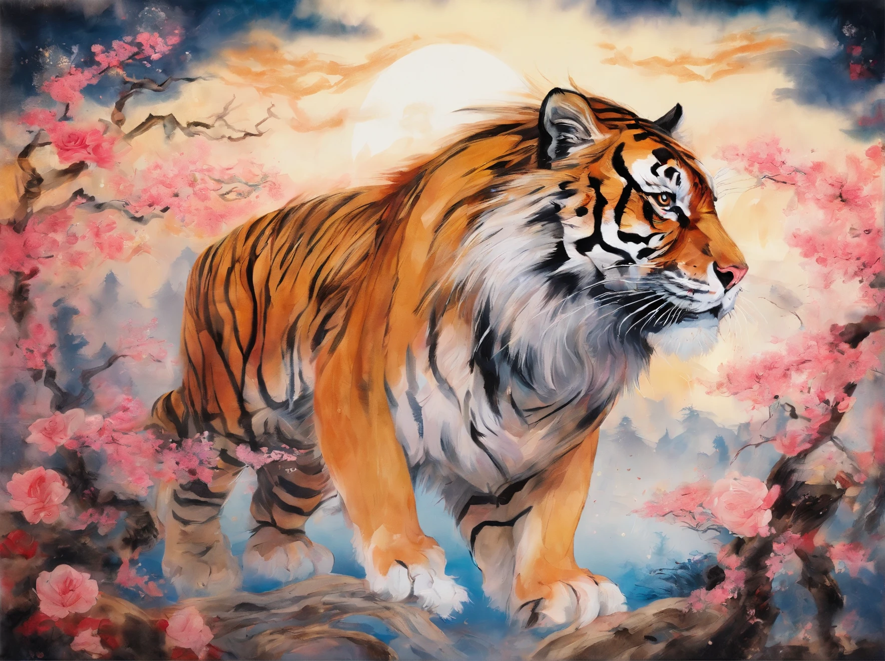 Traditional chinese painting，artistic conception，Oyuki，Tiger walking on the ssen，8K分辨率，Super meticulous