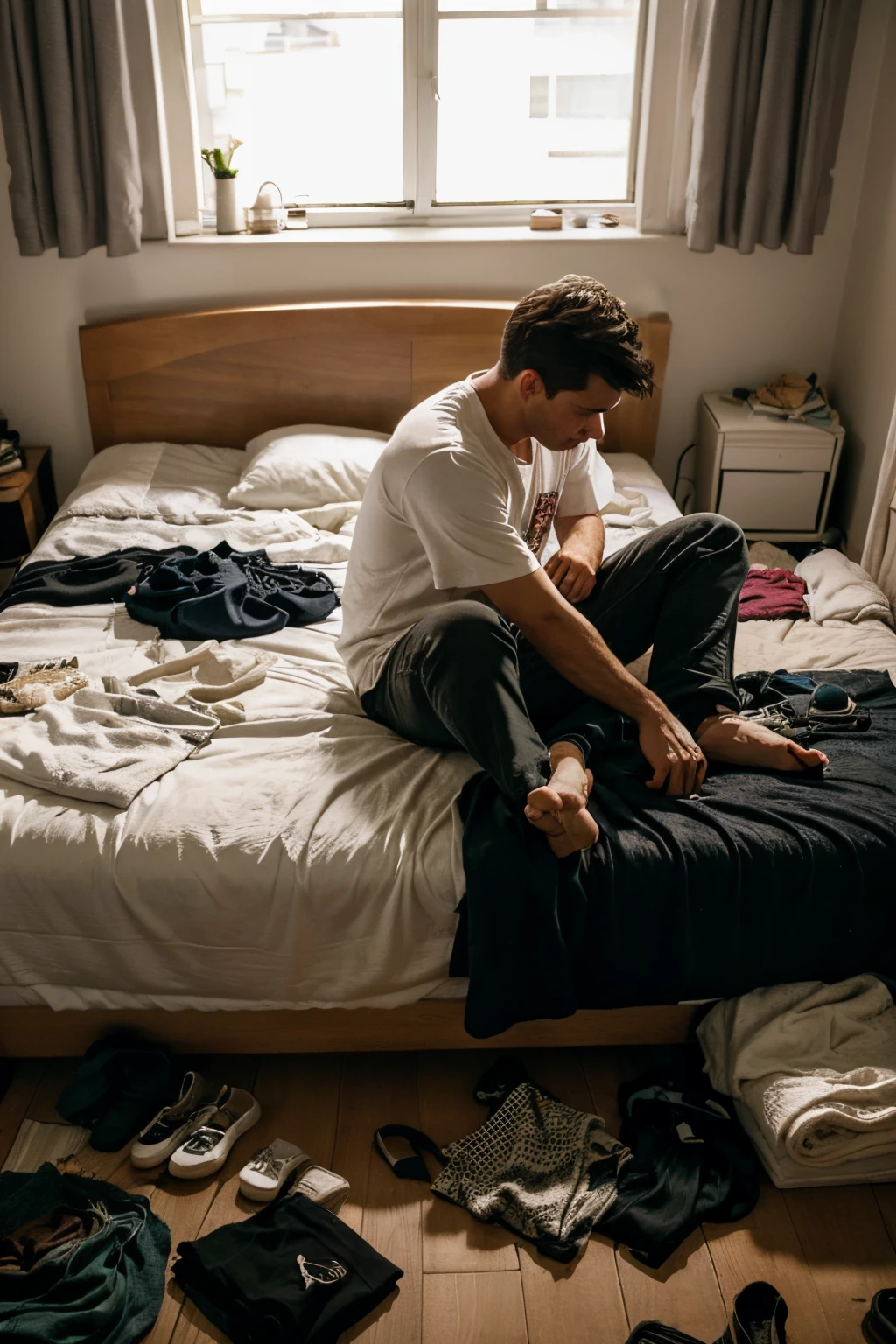 Image: A cluttered bedroom with clothes strewn about. A man getting ready to wake up
