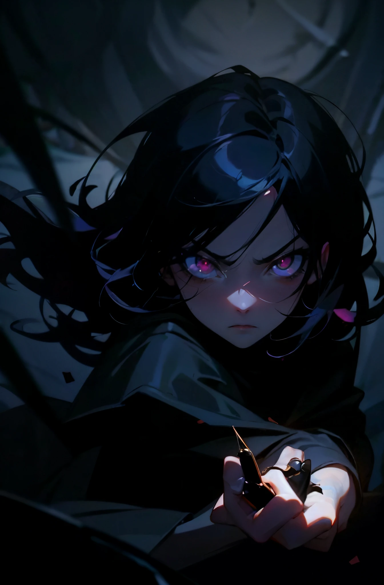 Dramatic lighting, dramatic pose and scene, gleam, dark colors and atmosphere, gloomy anime girl, Intense expression at camera, ring lights, no close-ups