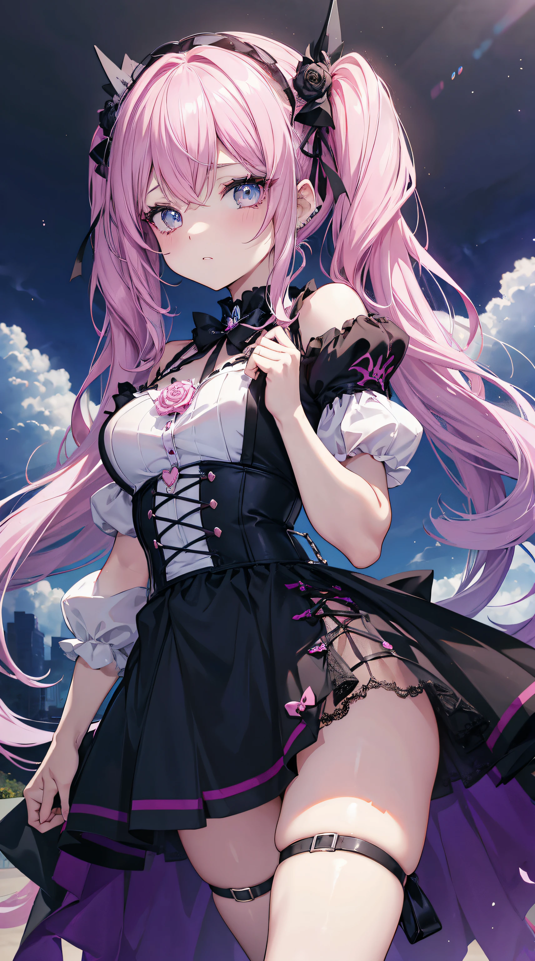 Fille Araffe aux cheveux roses and a couronne sur la tête, dressed in punk clothes, crustpunk clothing, anime girl Cosplay, Cybergoth, Porter une tenue punk, Kerli Koov: anime girl, 1 7 - - old me goth girl, Belle Delphine, Anime Cosplay, aux cheveux roses, anime girl dans la vraie vie, Fille punk, absurdes, high resolucion, Ultranet, 8k, Masterpiece,, regarde le ciel, grosse poitrine visible
