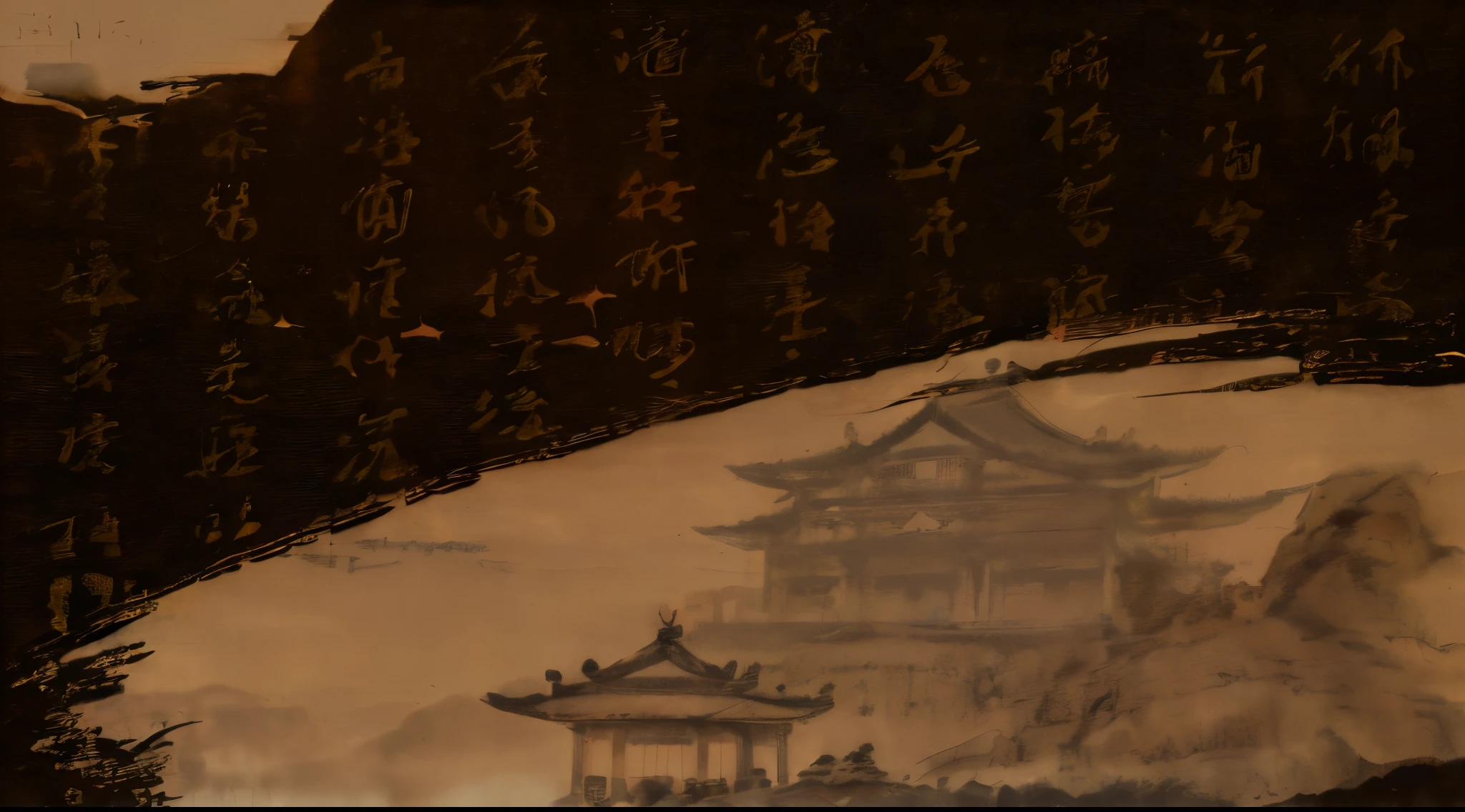 There  a painting of a building，There  Asian text on it, inspired by Tang Yin, Inspired by Song Huizong, Chinese calligraphy painting, Inspired by Ma Yuan, su fu, Inspired by Huang Binhong, background depicting a temple, Inspired by Wang Jian, z style art work.show on. to the, Duahua style