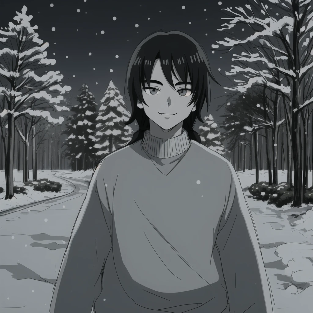 ((Sketch)) ((Manga style)) B&W. On the road, pine trees walk. Sweater. minimalistic background. a young boy with a long mullet haircut, big lips, and slanted eyes. Winter season, snow and pine trees on the streets. Christmas night. Smile