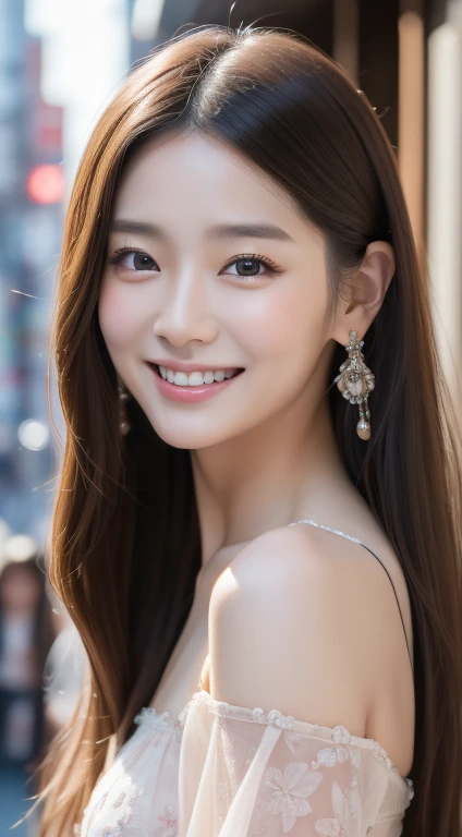 Beautiful woman,Korean actress, long hair,  , tokyo \(city\), looking us and smiling,Three-Quarter Length,  25 years old, incredibly detailed face, incredibly detailed beautiful eye, focus on face, masterpiece, high quality, best quality, highly detailed, insanely detailed, 4K