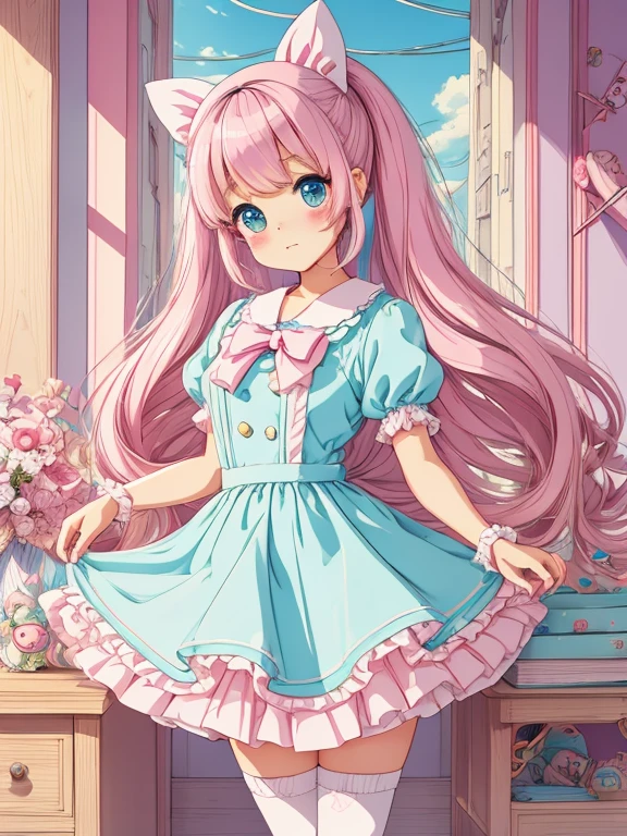 panoramic view, portrait head to feet view, soft pastel colors stick figure 1 girl at medical hospital in background, lolita nurse dress accessories, detailed five fingers on each hand, 2 hands, 2 feet, knee stocking, Une fille long cheveux lisse dans le style 90's anime vintage, its fine ink line art, comic style, of the anime girl, cute face, big eyes long lashes, kawaii style accessories cute sanrio resin charms, hair accessory, ruffle, bow, star, moon, pastel light yellow light pink colors, illustration in the style of menhera lolita on X Twitter, lolita glam, art by Spin@Mail order from 20:00 on the 19th🌷/2 volumes of works on sale now on X twitter, beautiful line art, pastel comic style, manga style, manga art style, pencil and ink caricature drawing, palette colors, flat colours, detailed, attention to detail, 8k