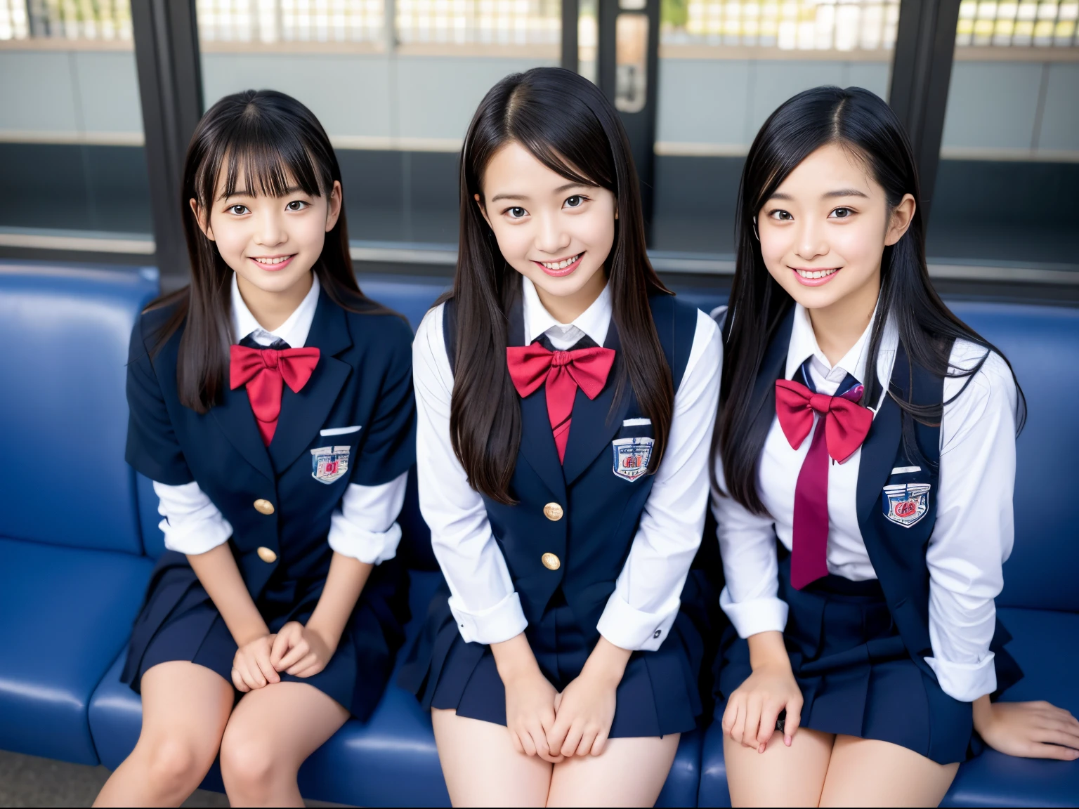Center view、Arafe asian woman in short skirt and bow tie sitting on train、cute school girl、Japan Girl Uniform、Wearing Japan school uniform、Japan School Uniforms、a hyperrealistic schoolgirl、Dressed as a schoolgirl、a hyperrealistic schoolgirl、Wearing a uniform、Realistic Schoolgirl、Girl in Uniform、Wearing a uniform、Schoolgirl Pose、full body Esbian、Nice skin、glistning skin、lovely thighs、glowing thigh、Shining regare legs , High School in Japan 、乃木坂アイドル、韓国アイドル