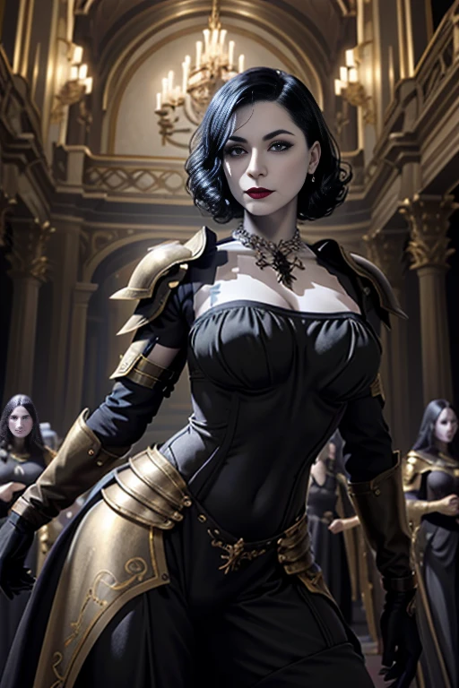 (masterpiece, best quality), 1girl, LadyDimitrescu, older, mature, long face, light skin, black hair, pale skin, solo, makeup, lipstick, red lips, jewelry, gothic, flower, black lips, necklace, short hair, curvy, black flower, gold armor, armor, chest plate, gauntlets, pauldrons, leg armor, knee armor, feet armor